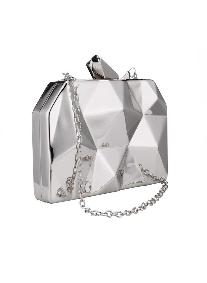Simcat Women Geometric Lattice Pattern Metal Evening Bag Bridal Prom Crossbody Bag Party Clutch Wedding Purse with Chain (Silver) - Image 2
